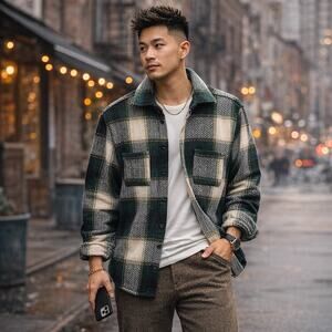 NWT Richie Le Plaid Wool Blend Shirt Jacket Green Herringbone Flannel Size S